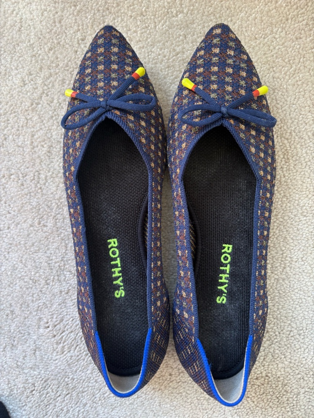 Rothy's Navy Tweed Pointed-Toe Ballet Flats with Yellow Accent